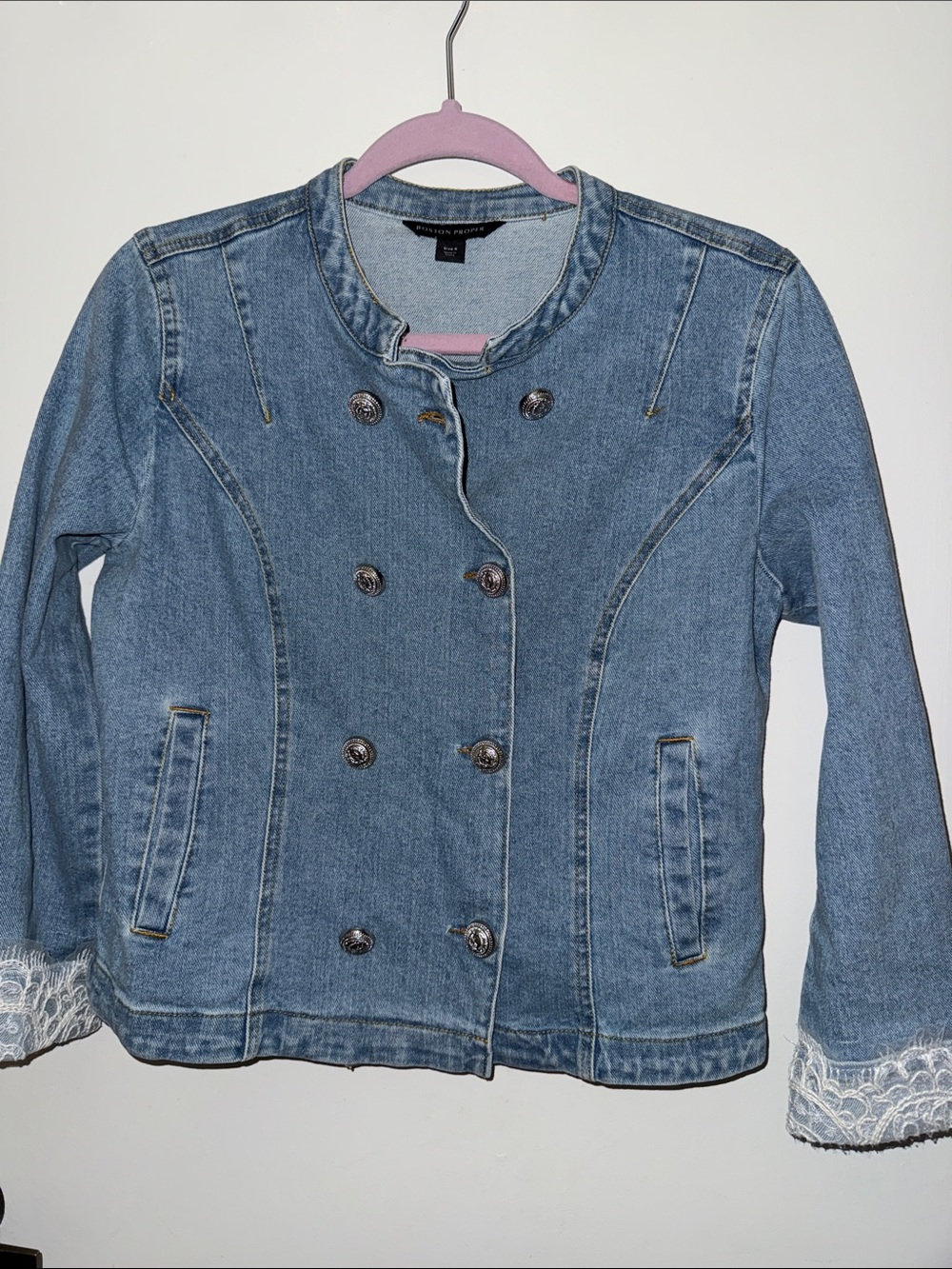 Boston Proper Light Blue Denim Double-Breasted Jean Jacket with Lace Cuffs - Picture 4 of 13